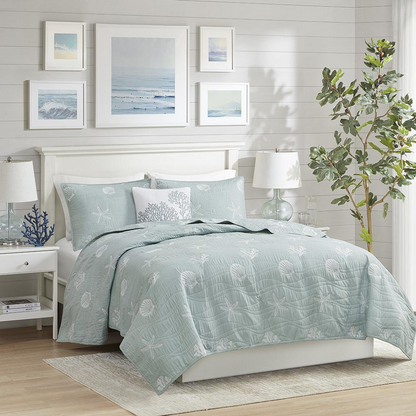 Start2Finish 4-piece cotton reversible embroidered quilt bedding set with matching throw pillow, featuring colorful embroidery and soft fabric.