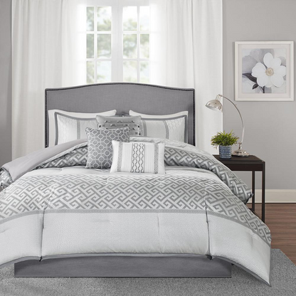 Start2Finish Bennett 7-piece grey comforter bedding set with matching pillow shams and decorative accents.