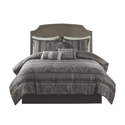 Start2Finish 7-piece Jacquard comforter set with intricate woven pattern and matching pillow shams in soft, elegant bedding style.