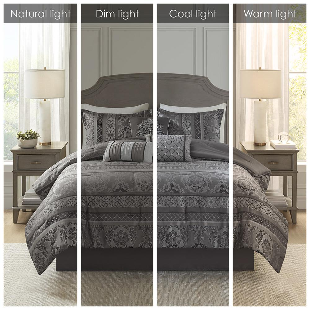 Start2Finish 7-piece Jacquard comforter set with decorative pillows in elegant woven fabric, shown on a neatly made bed.