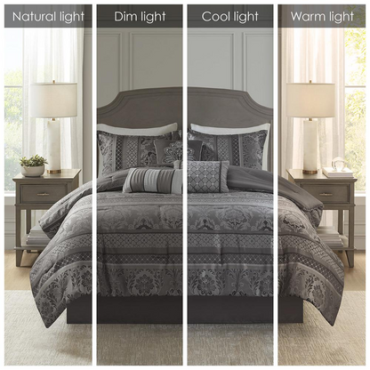 Start2Finish 7-piece Jacquard comforter set with decorative pillows in elegant woven fabric, shown on a neatly made bed.