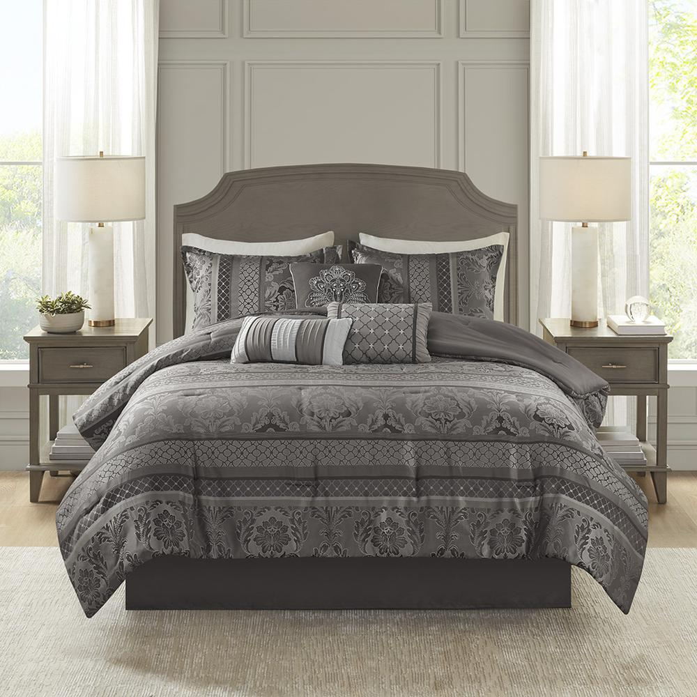 Start2Finish 7-piece Jacquard comforter set with intricate woven pattern, including matching pillow shams and bed skirt.