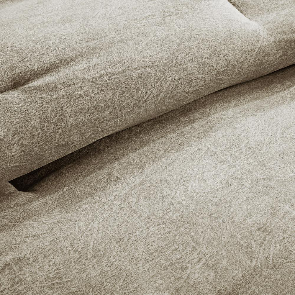 Start2Finish 7 piece faux suede bedding comforter set with matching pillow shams and decorative accents in soft neutral tones.