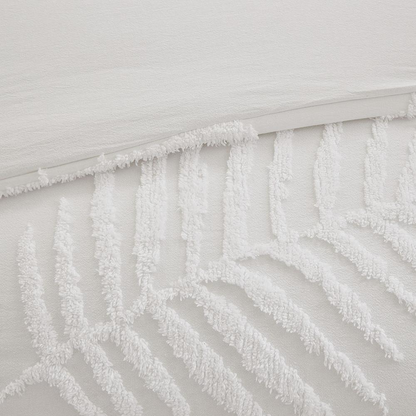 3-piece tufted cotton chenille palm comforter bedding set with textured fabric and matching pillow shams.