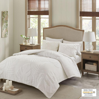Three-piece tufted cotton chenille palm bedding comforter set with matching pillow shams in a cozy, textured design.