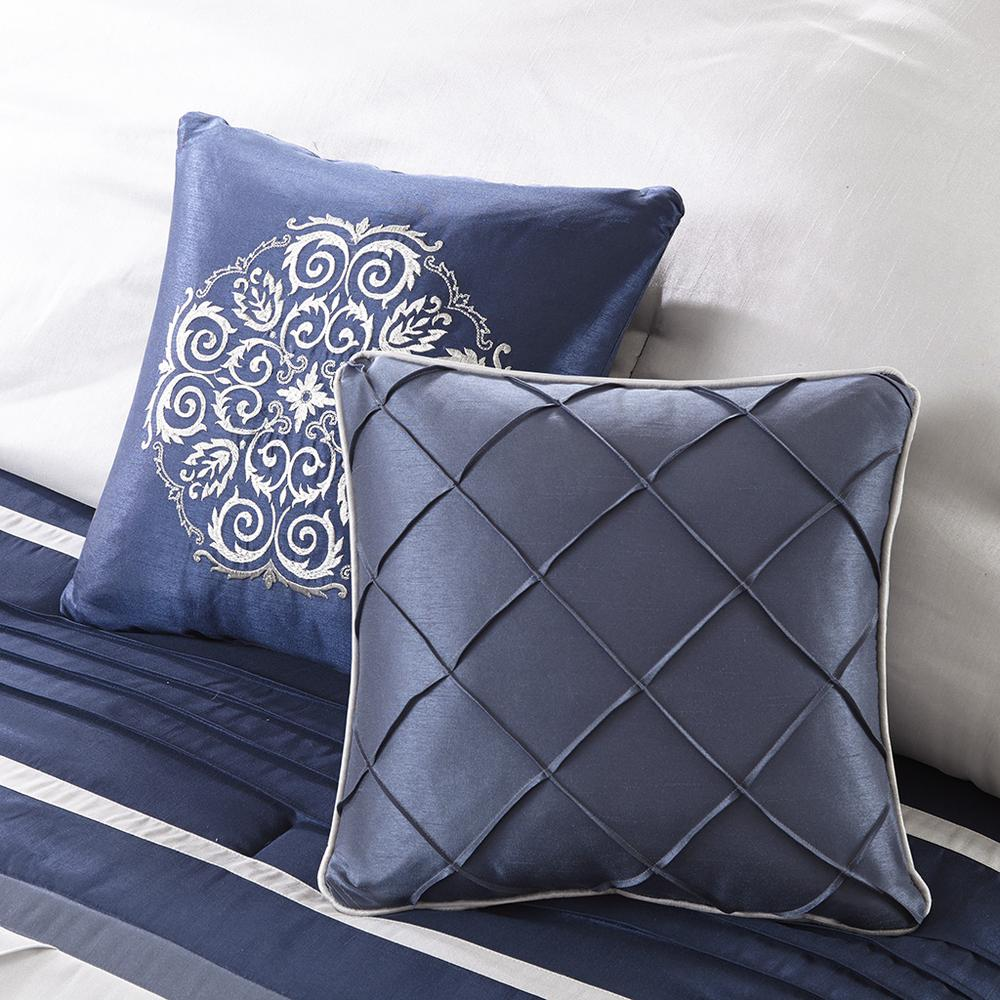 Start2Finish Blaire 7-piece navy bedding comforter set with matching pillow shams and decorative accents.