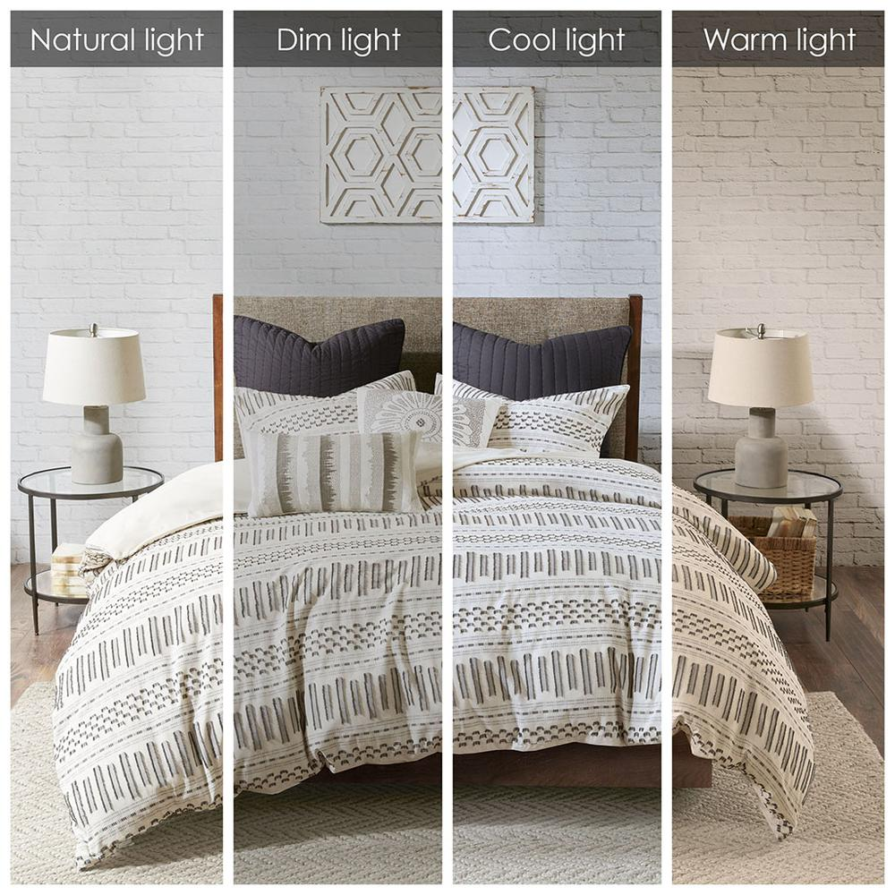 Start2Finish Rhea Cotton Jacquard Duvet Cover Mini Set in ivory and charcoal, showing detailed fabric pattern and matching pillowcases.