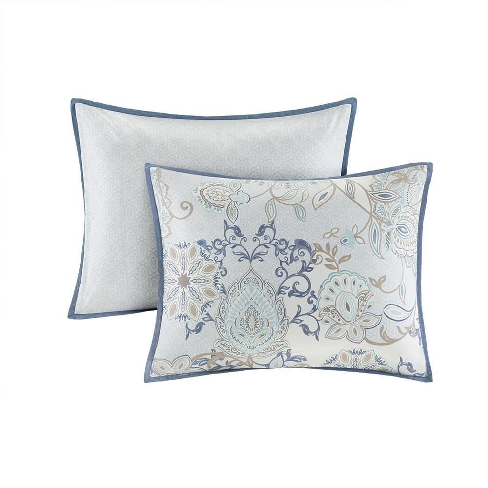 Start2Finish 8-piece cotton floral printed reversible comforter set with matching pillow shams and decorative pillows laid out on a bed.