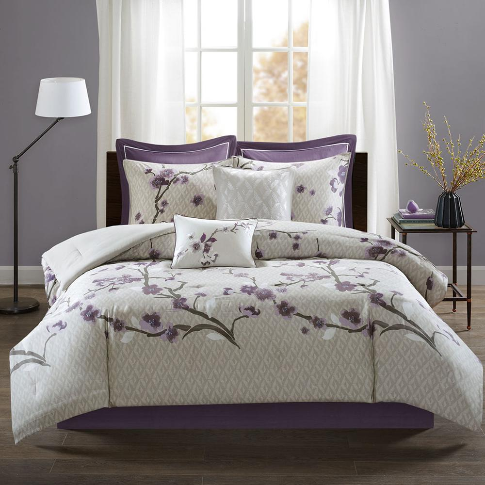 Start2Finish Holly 8-piece cotton comforter set in purple and taupe, featuring a cozy, stylish bedding ensemble with matching pillow shams.