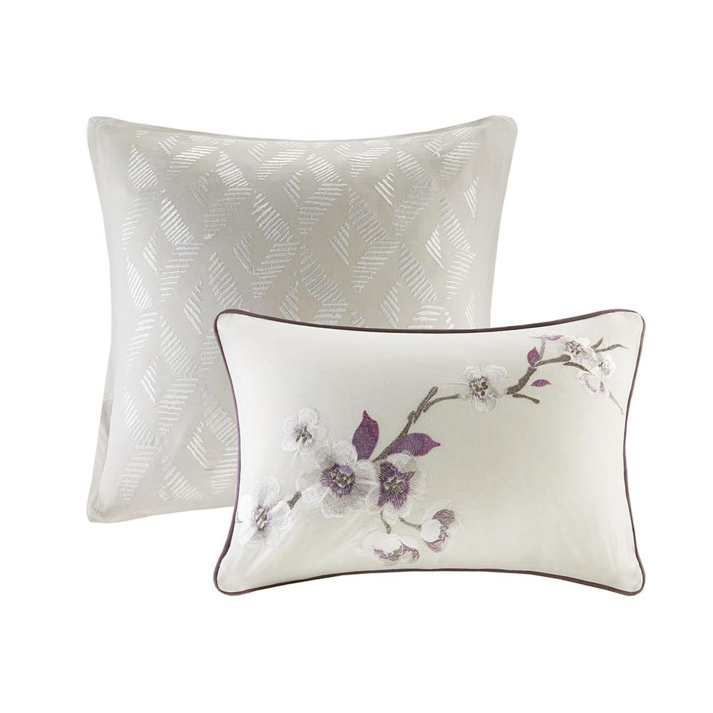 Start2Finish Holly 8-piece cotton comforter set in purple and taupe with decorative pillows on a bed.
