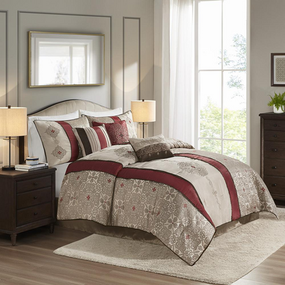 Start2Finish 7-piece jacquard comforter bedding set with matching throw pillows, featuring intricate woven patterns and plush fabric.