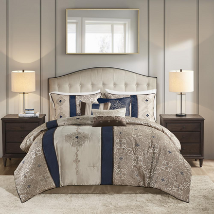 Start2Finish 7-piece Jacquard comforter set with matching throw pillows, featuring intricate woven patterns in elegant design.