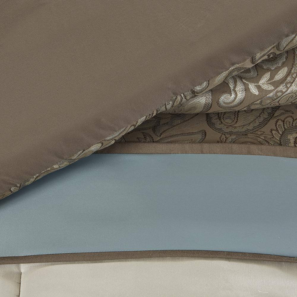 Start2Finish Jacquard 7-piece comforter bedding set with decorative pillows and matching sheets, featuring intricate woven patterns.