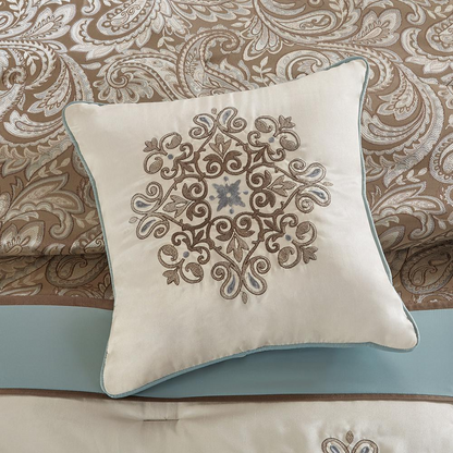 Start2Finish Jacquard 7-piece comforter bedding set with intricate woven design and matching pillow shams.