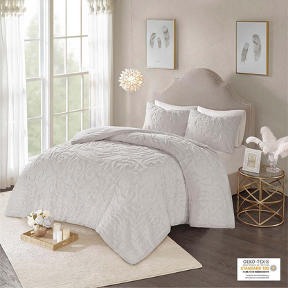 Start2Finish 3-piece tufted cotton chenille medallion comforter set with decorative pillows on a neatly made bed.