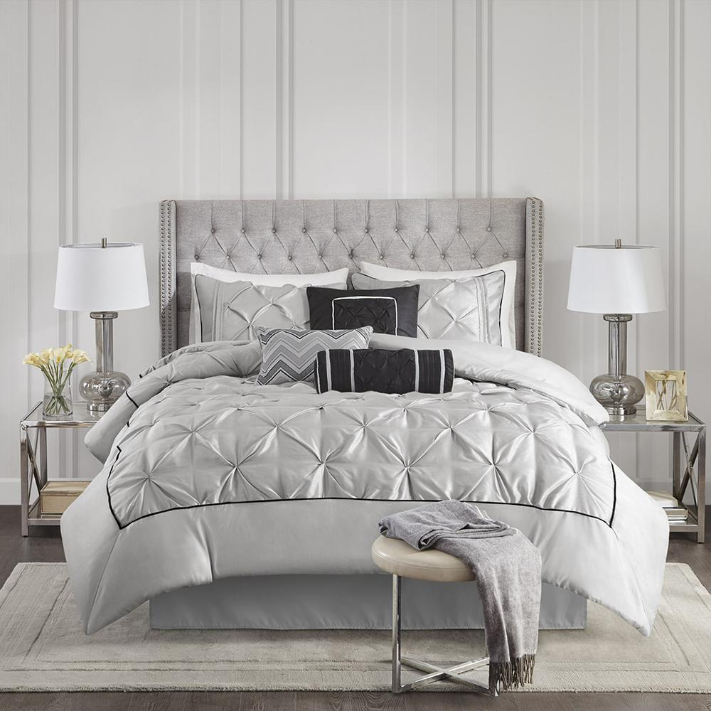 Start2Finish Laurel 7-piece grey tufted comforter set with matching pillow shams and bed skirt, showing plush fabric and tufted design.