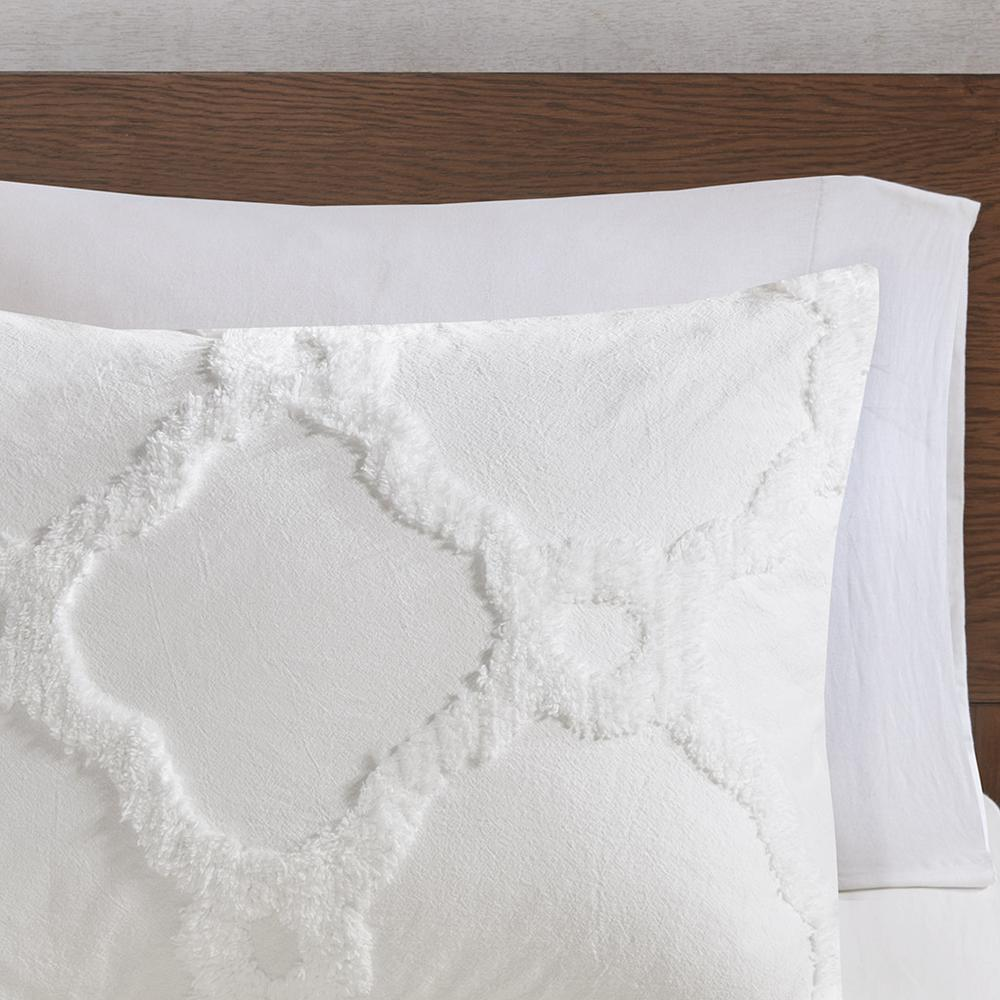Three-piece Start2Finish tufted cotton chenille bedding comforter set with geometric patterns and plush texture.