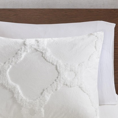 Three-piece Start2Finish tufted cotton chenille bedding comforter set with geometric patterns and plush texture.