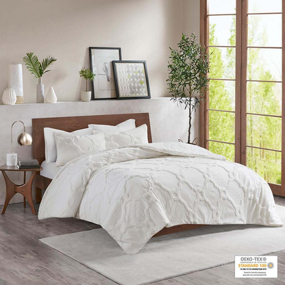 Three-piece tufted cotton chenille bedding comforter set with geometric pattern, featuring soft, plush fabric and coordinating pillow shams.