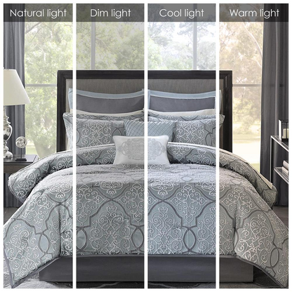 Start2Finish 12-piece comforter set with matching cotton bed sheets, stylish bedding ensemble in soft, cozy fabrics.