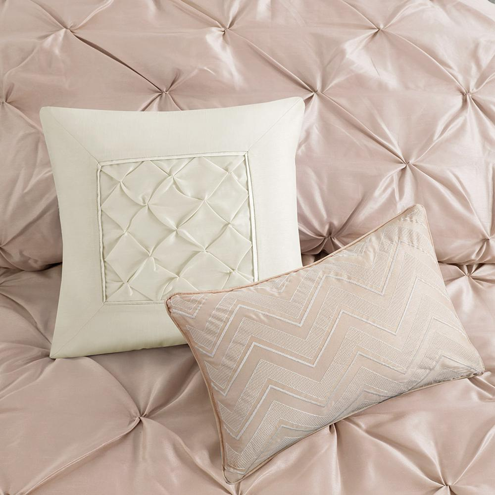 Start2Finish Laurel 7-piece blush tufted comforter bedding set with decorative pillows on a bed.
