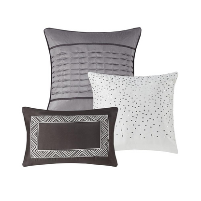 Start2Finish 7-piece Jacquard comforter set with intricate woven pattern and coordinating pillow shams on a neatly made bed.