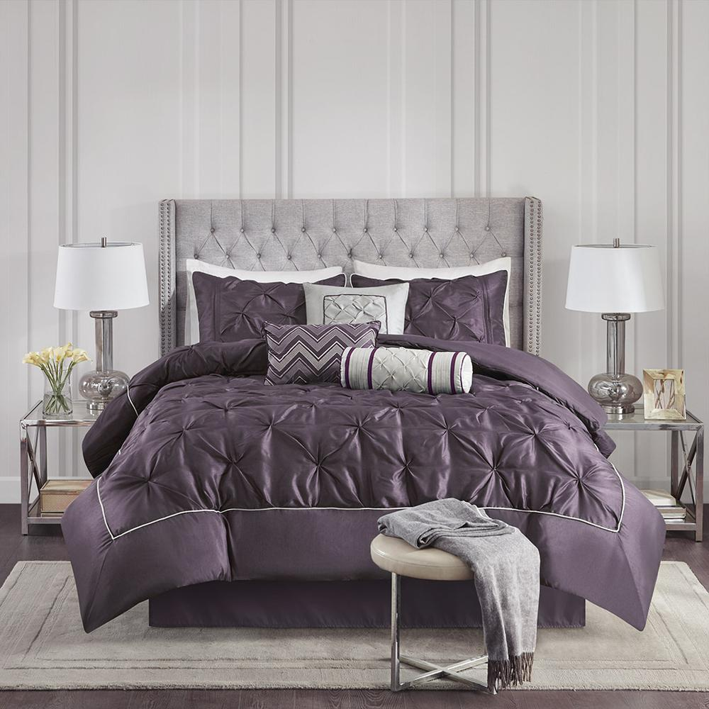 Start2Finish Laurel 7-piece tufted comforter set in plum color, featuring plush bedding and matching pillow shams.