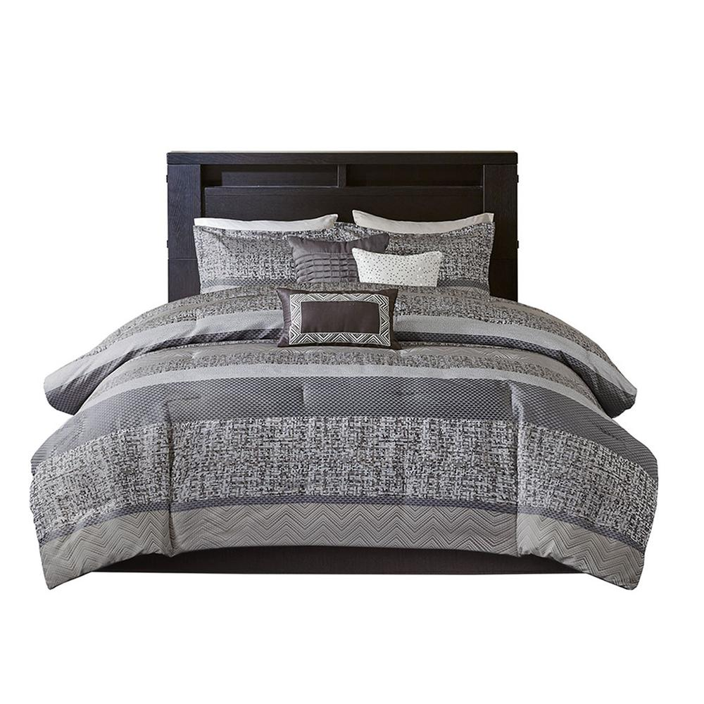 Start2Finish 7-piece Jacquard comforter set with intricate woven pattern and matching pillow shams on a styled bedroom bed.