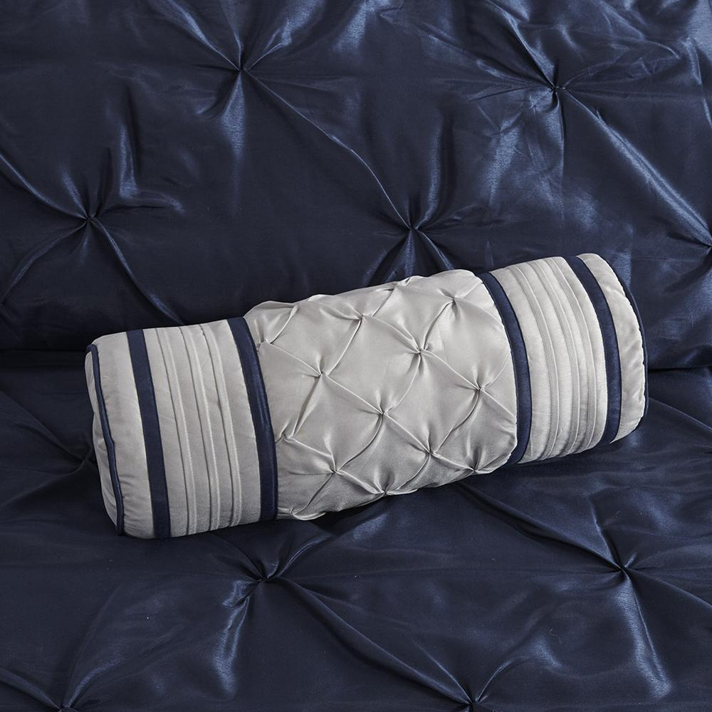 Start2Finish Laurel 7-piece tufted navy comforter bedding set with matching pillow shams and decorative accents.