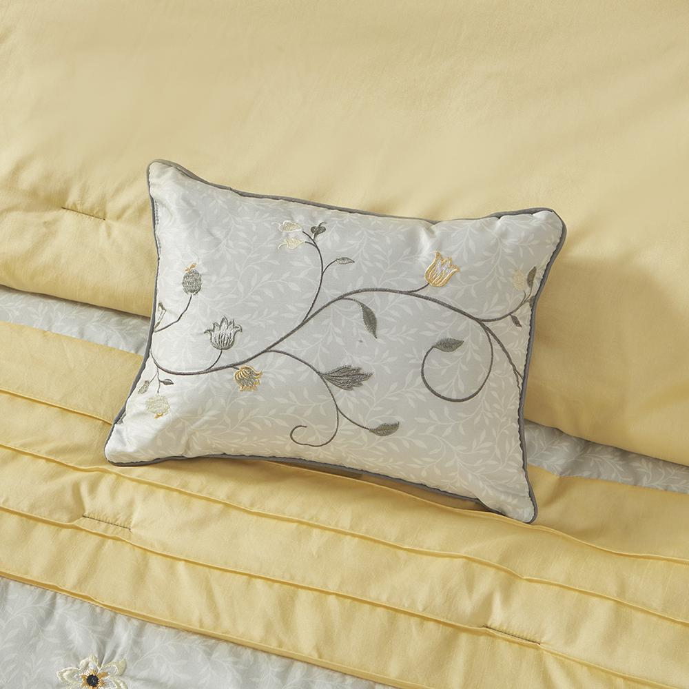 Start2Finish embroidered 7-piece comforter set with detailed floral embroidery and matching pillow shams on a cozy bed.