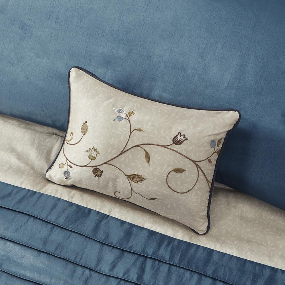 Serene Embroidered 7 Piece Comforter Set in navy, bedding set featuring intricate embroidery and coordinating pillow shams.