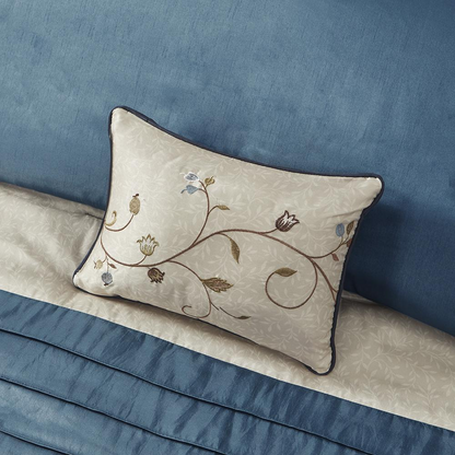 Serene Embroidered 7 Piece Comforter Set in navy, bedding set featuring intricate embroidery and coordinating pillow shams.