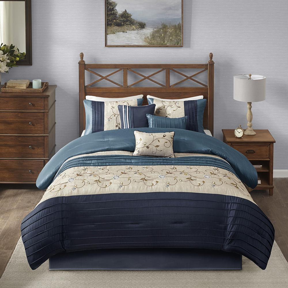 Serene embroidered 7-piece navy comforter set from Start2Finish, featuring detailed embroidery on soft bedding fabric.