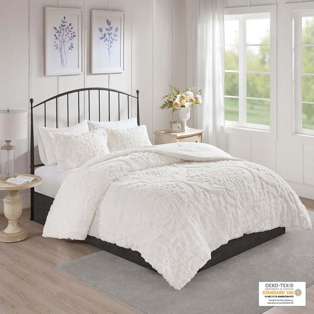 Three-piece tufted cotton chenille damask comforter set with decorative pillows in neutral tones for bedding decor.