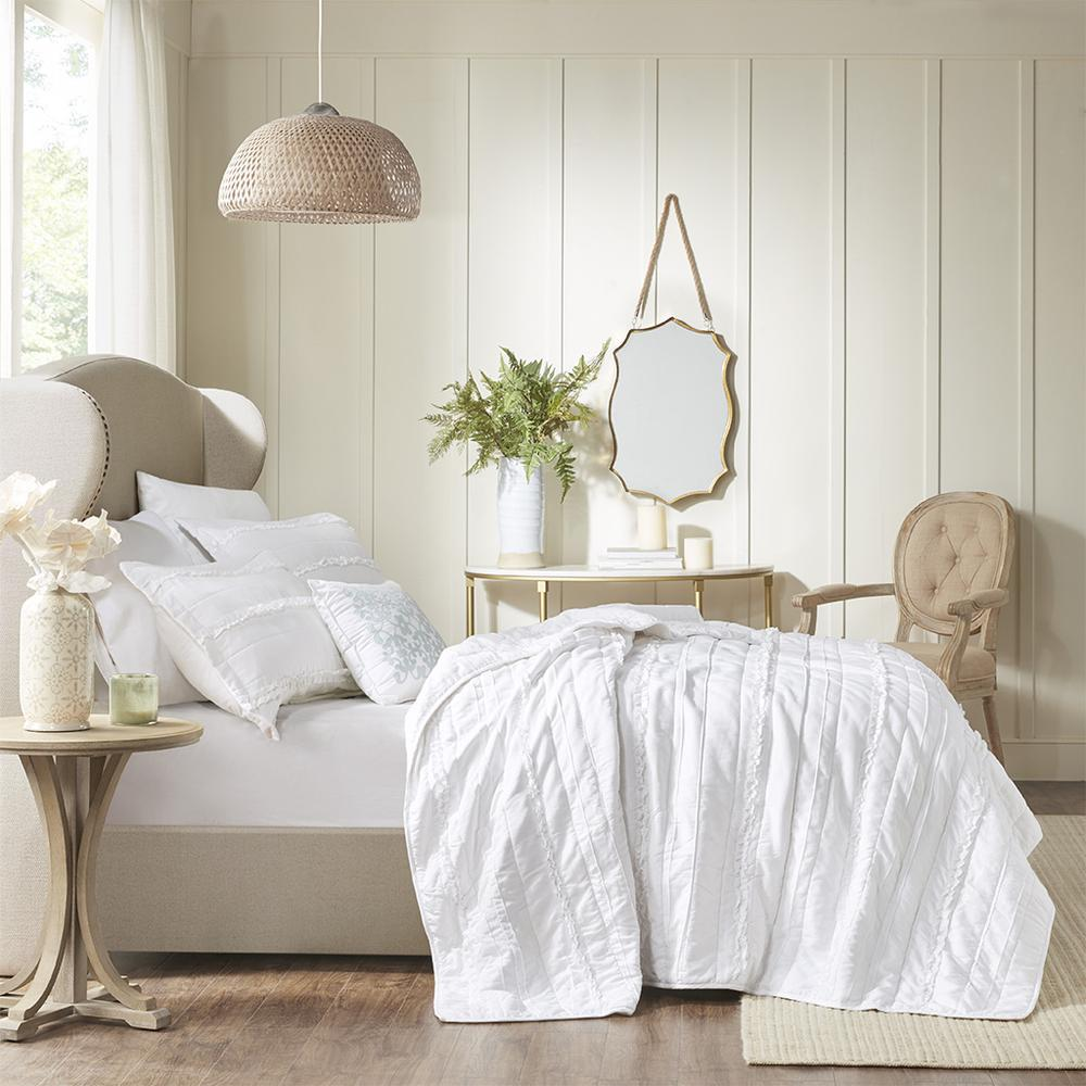 Start2Finish 4-piece microfiber reversible ruffle quilt set with matching throw pillow, featuring soft, ruffled design and cozy bedding style.