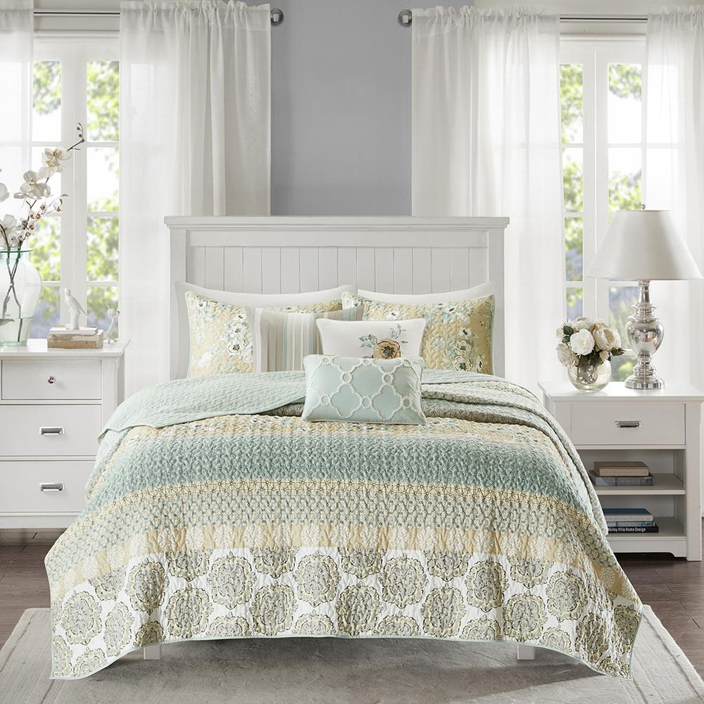 Start2Finish 6-piece cotton quilt set with matching throw pillows, featuring a soft, cozy bedding design for bedroom decor.