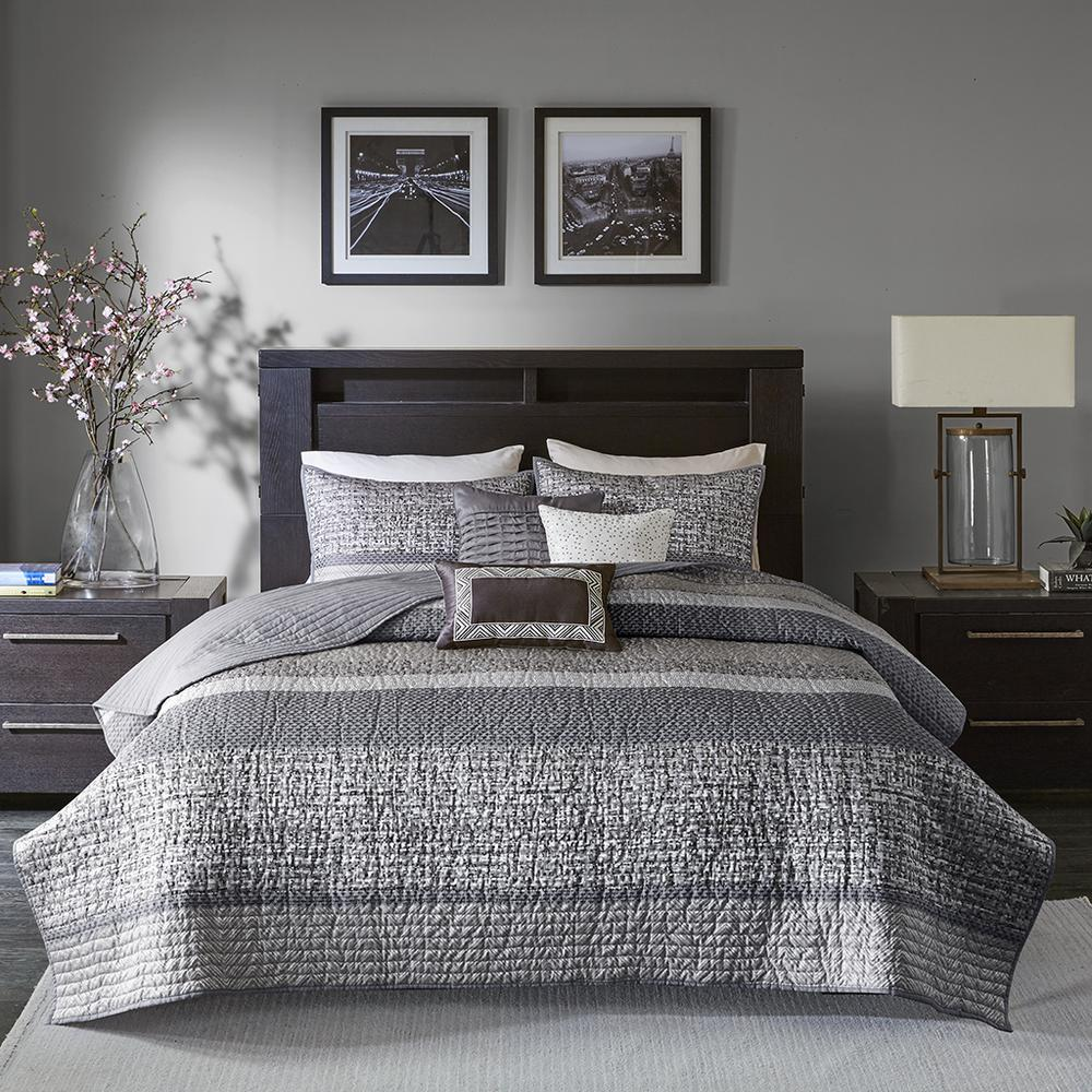 Start2Finish 6-piece reversible jacquard quilt bedding set with matching throw pillows, featuring elegant woven patterns.