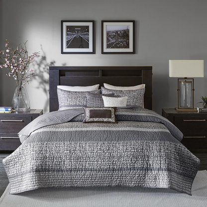 Start2Finish 6-piece reversible jacquard quilt bedding set with matching throw pillows, featuring elegant woven patterns.