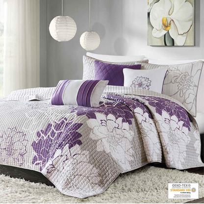 Start2Finish 6-piece printed cotton quilt set with matching throw pillows, featuring colorful floral and geometric patterns.
