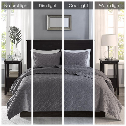 Harper 3-piece velvet quilt set in grey by Start2Finish, showcasing soft fabric and coordinated pillow shams for a cozy bedroom look.