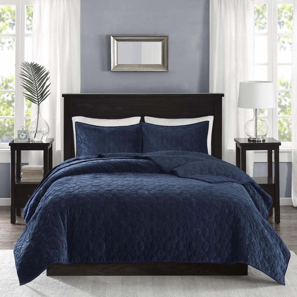 Harper 3-piece velvet quilt set in navy by Start2Finish, featuring a soft, luxurious fabric and matching pillow shams.