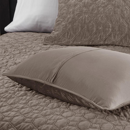 Start2Finish Harper 3-piece velvet quilt set in taupe, featuring soft fabric and elegant design for a cozy bedroom look.
