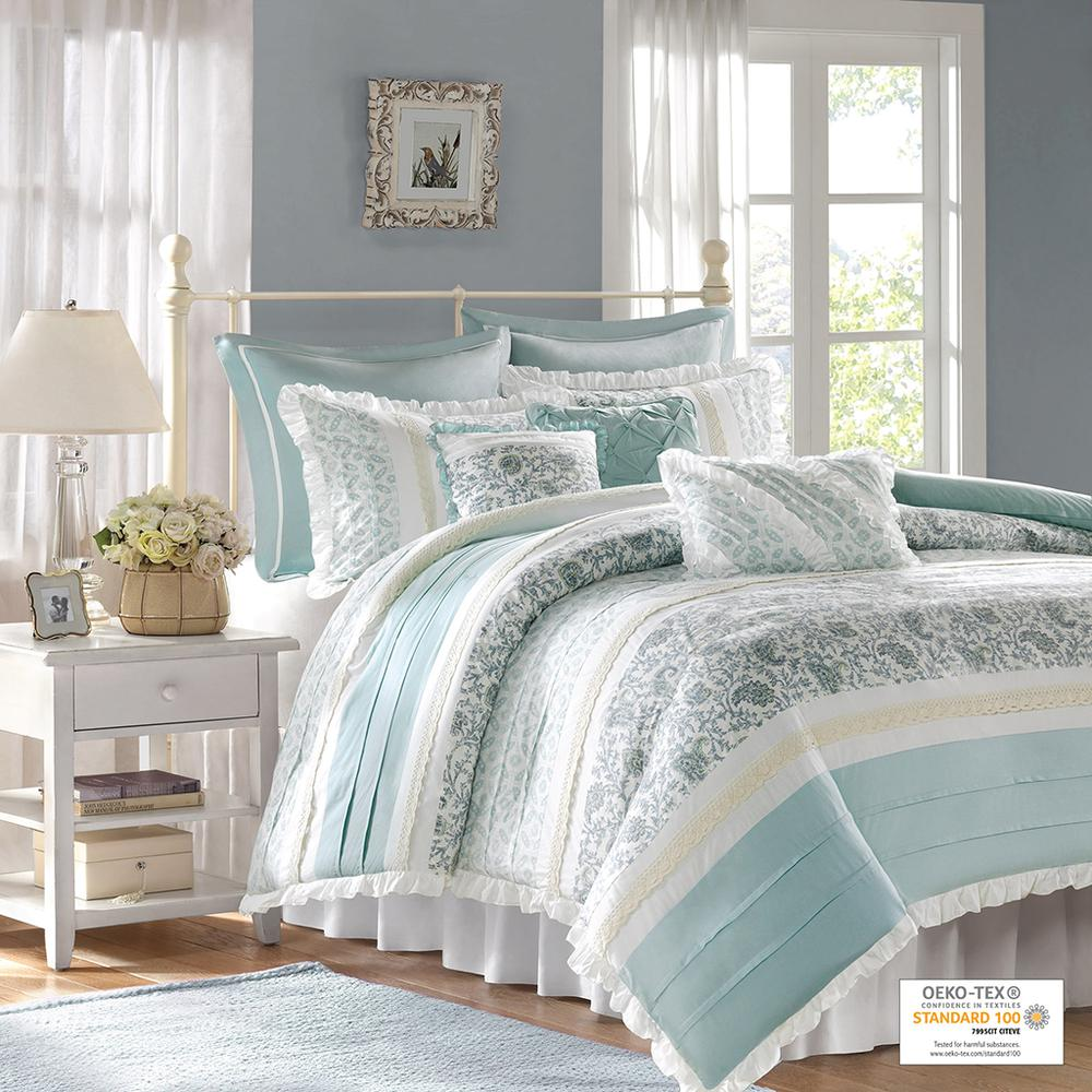 Start2Finish 9-piece cotton percale duvet cover bedding set with matching pillowcases and decorative pillows on a bed.