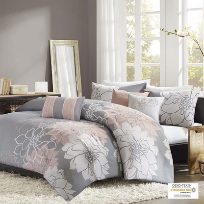 Start2Finish 6-piece printed bedding duvet cover set with floral design and matching pillowcases on a neatly made bed.