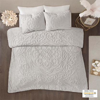 Start2Finish 3-piece tufted cotton chenille medallion duvet cover bedding set with decorative patterns and soft, textured fabric.