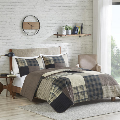 Start2Finish Winter Hills oversized cotton quilt set in tan, showing a cozy, textured bedding with matching pillow shams on a bed.