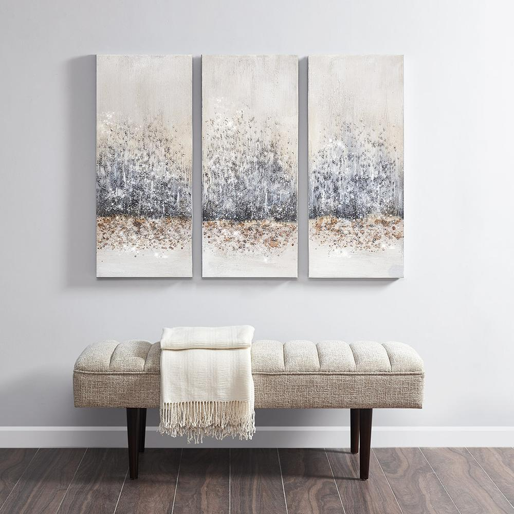 Set of three hand-embellished canvas wall art pieces by Start2Finish featuring vibrant, textured designs for home decor.