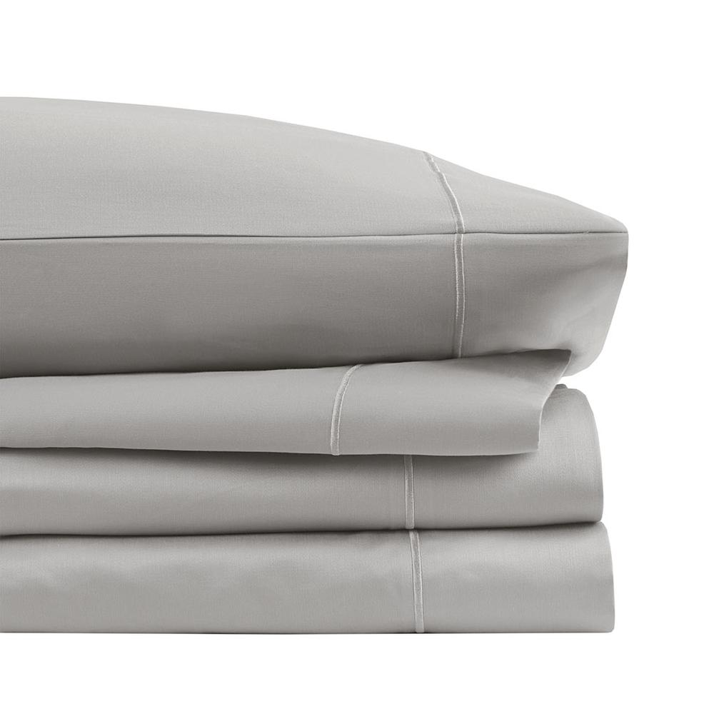 Start2Finish Pima Cotton Sheet Set with smooth, white bed sheets and pillowcases displayed on a neatly made bed.