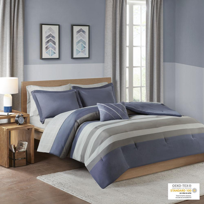Start2Finish striped comforter set with matching bed sheets, featuring a cozy bedding design in bold stripe patterns.