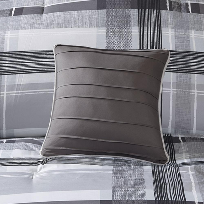 Start2Finish plaid comforter set featuring a classic checkered pattern in neutral colors on a neatly made bed.